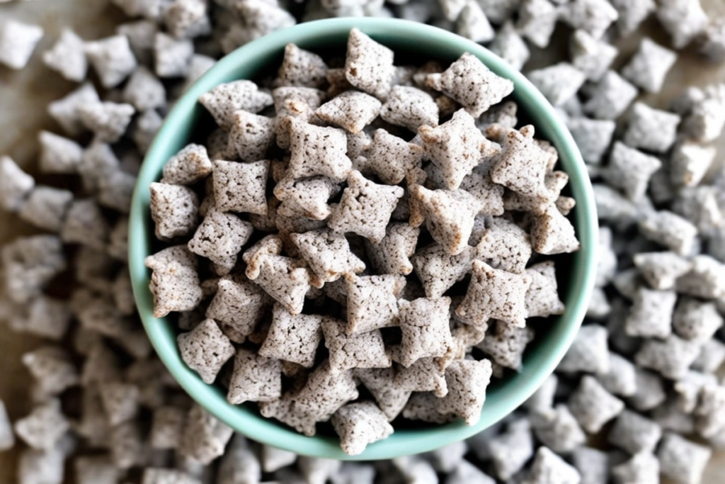 Delicious homemade Muddy Buddies with powdered sugar coating