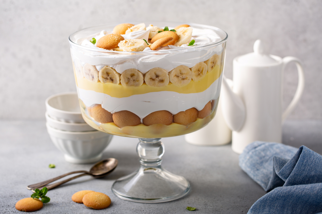 Layered banana pudding with vanilla wafers in a trifle dish