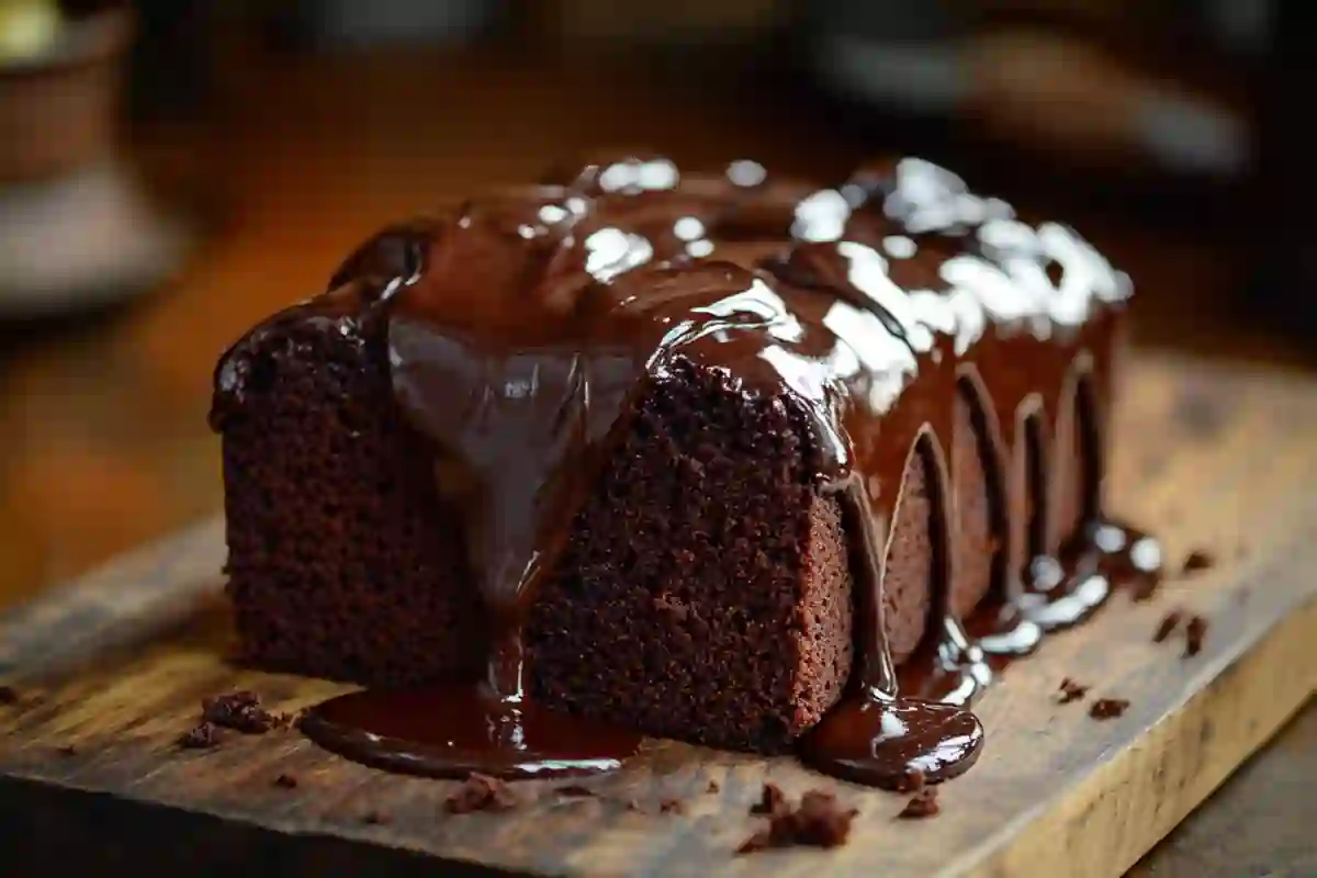 A rich, moist chocolate pound cake with a glossy ganache topping.