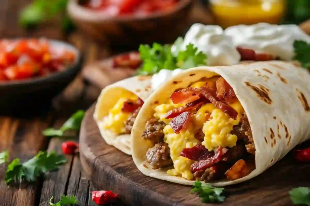 A delicious breakfast burrito filled with scrambled eggs, bacon, sausage, and melted cheese wrapped in a soft flour tortilla.