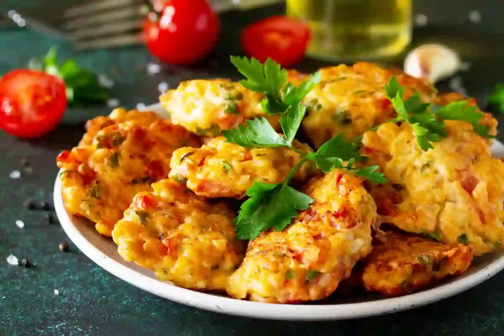 Close-up of crispy corn fritters with golden brown edges, showing the texture of corn kernels in a lacy batter.