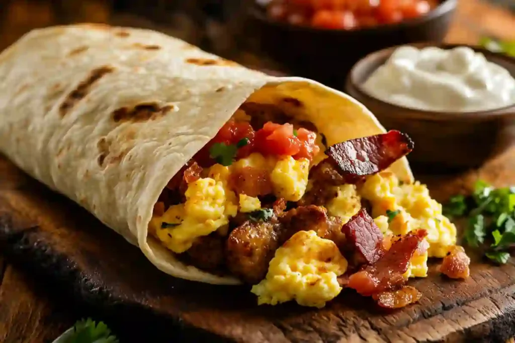 Hearty Cowboy Breakfast Burrito with eggs, bacon, sausage, and potatoes wrapped in a flour tortilla.