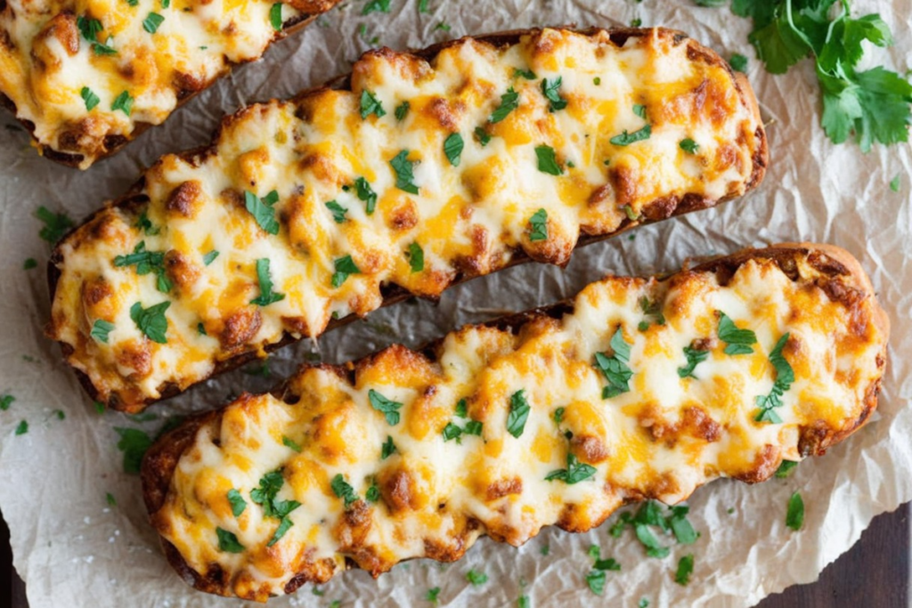 Garlic Bread Sloppy Joes topped with melted cheese and parsley