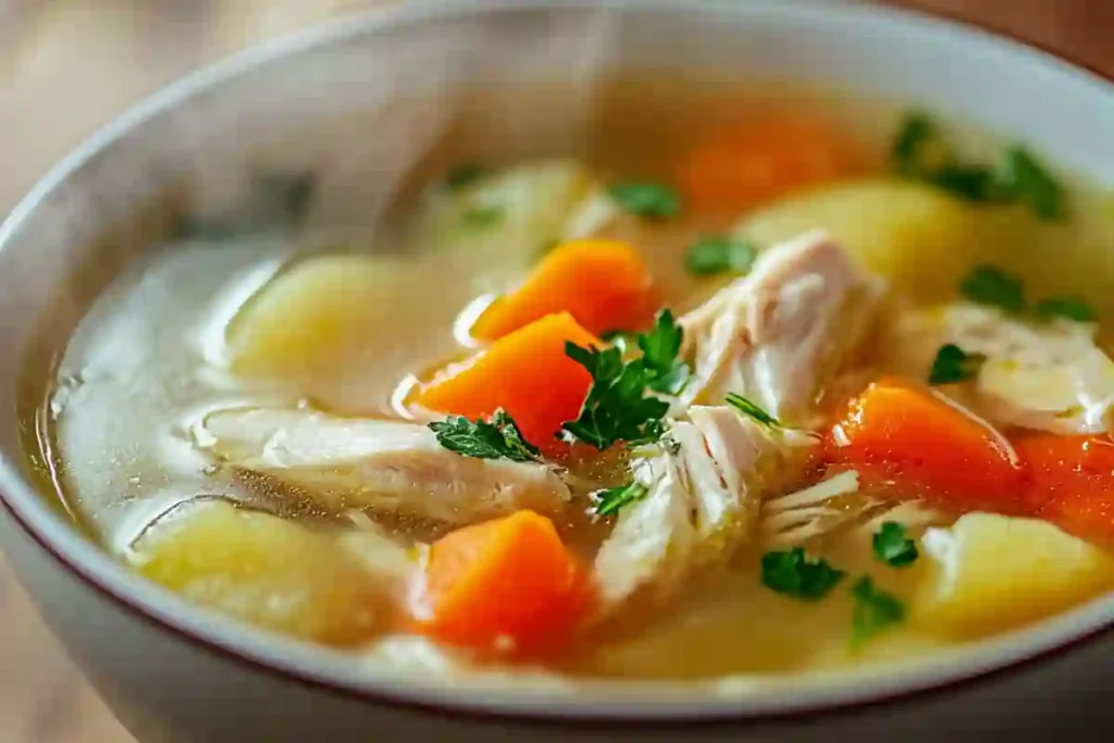 Bowl of chicken soup with potatoes and carrots garnished with fresh herbs