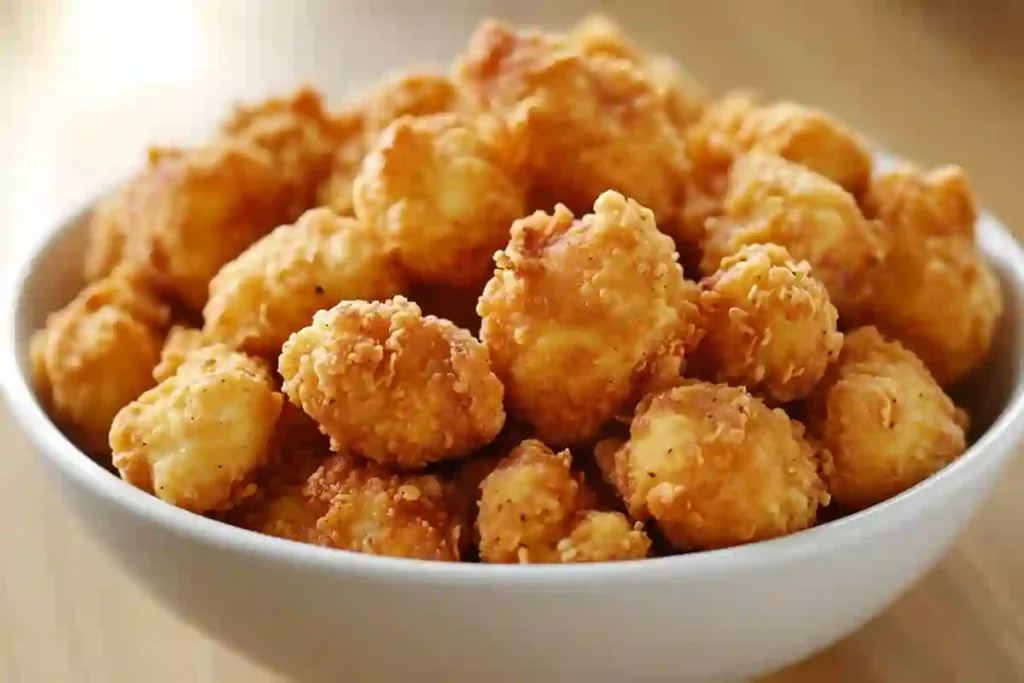 Golden, crispy popcorn chicken pieces with a crunchy, textured coating served in a bowl.