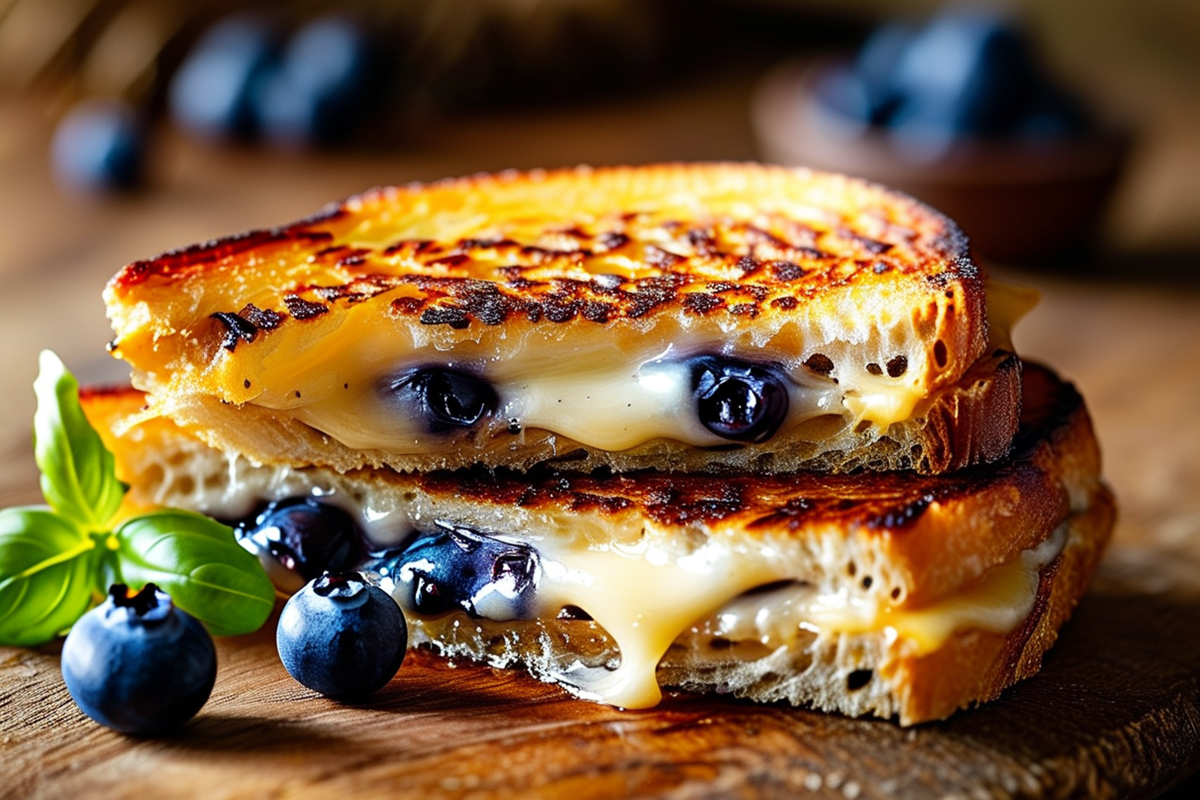 Delicious blueberry grilled cheese sandwich with melted cheese and fresh blueberries