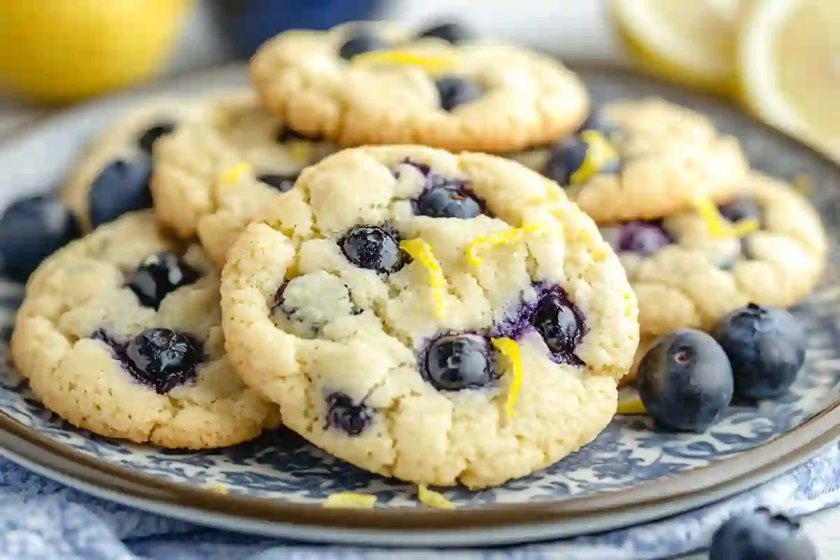 A plate of blueberry lemon cookies, featuring fresh blueberries and lemon zest, with a soft and chewy texture.