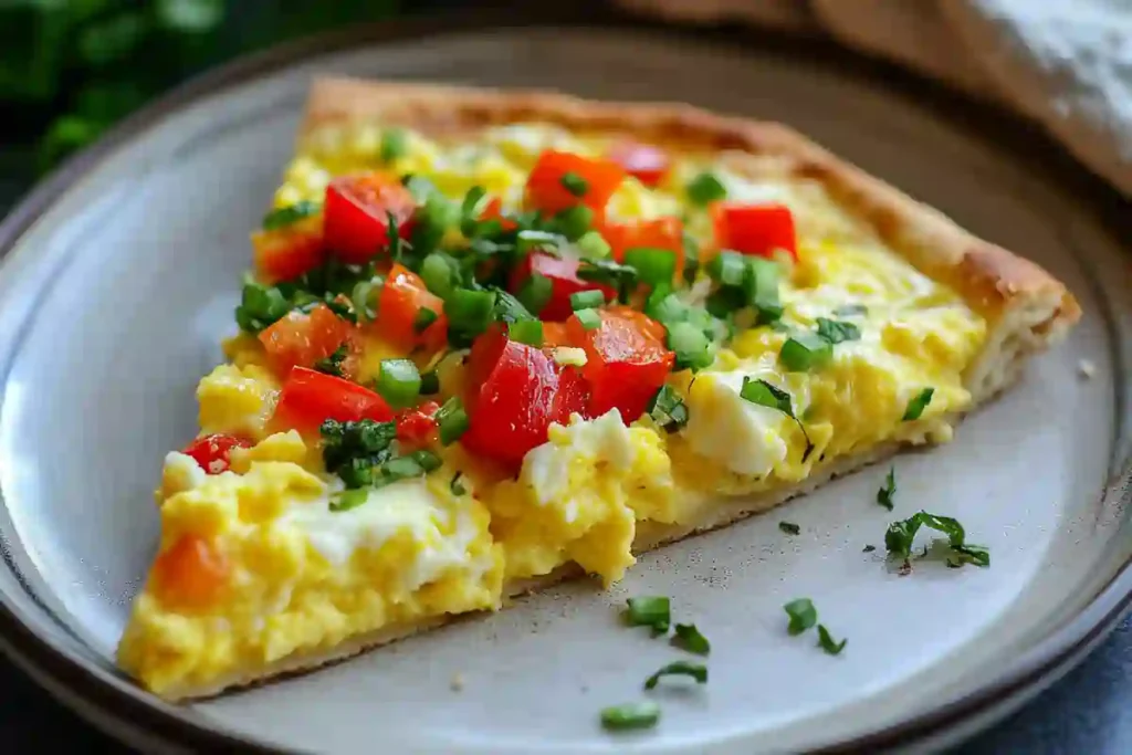 A slice of breakfast pizza topped with eggs, cheese, and vegetables, served on a plate.