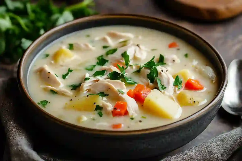 A bowl of chicken potato soup with tender chicken and creamy potatoes, garnished with fresh herbs.