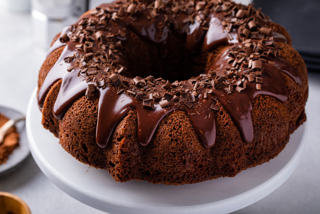 A moist and rich 5-star chocolate pound cake topped with chocolate ganache icing