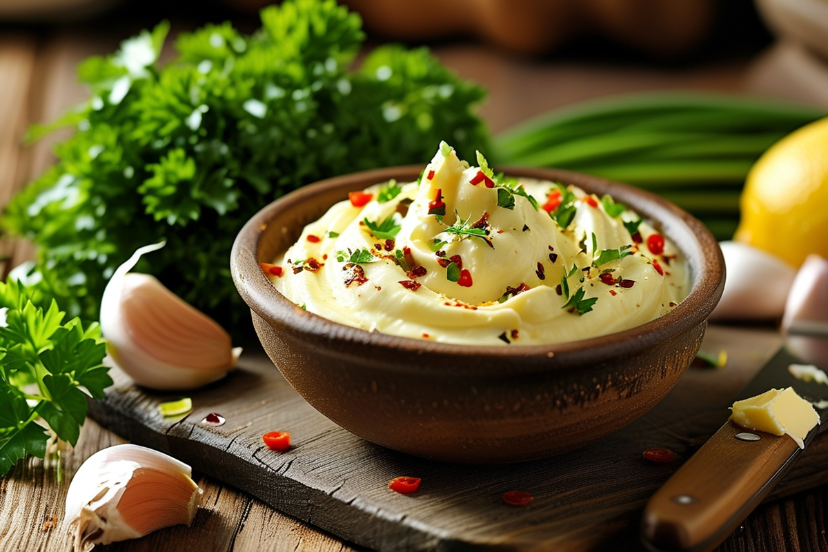 Homemade cowboy butter with fresh herbs and spices in a bowl