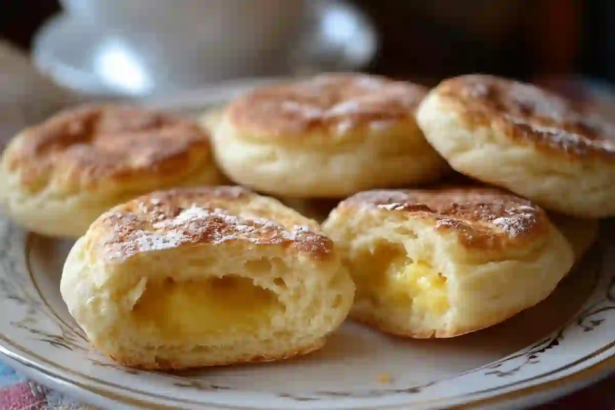 Freshly made homemade English muffins with a golden crust, sliced open to reveal their airy texture.