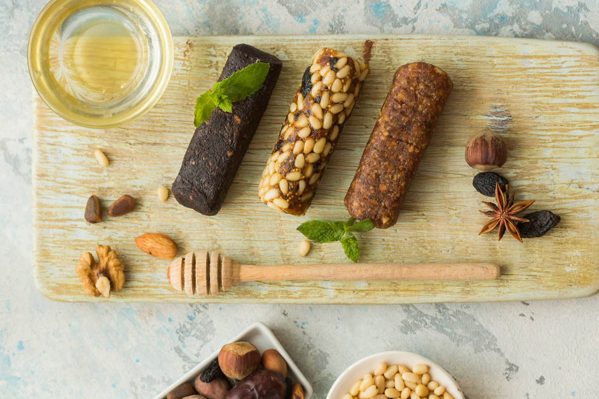 Homemade protein bars with nuts and chocolate