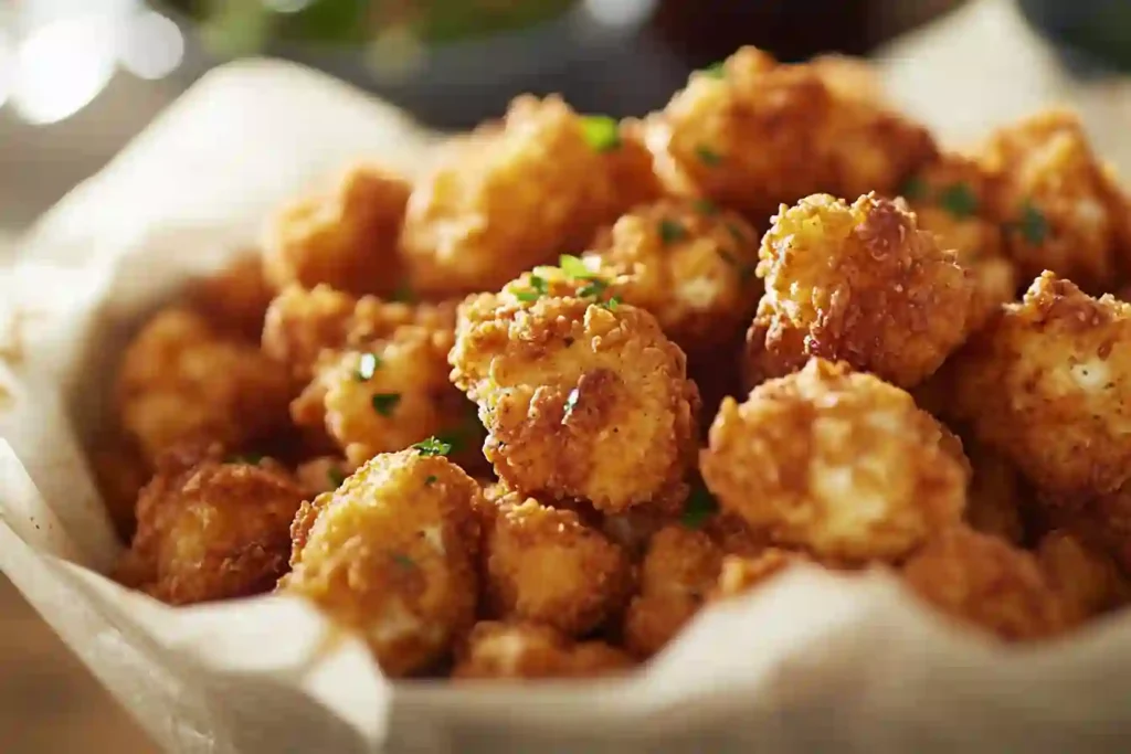 Golden, crispy popcorn chicken pieces in a basket, ready to be enjoyed.