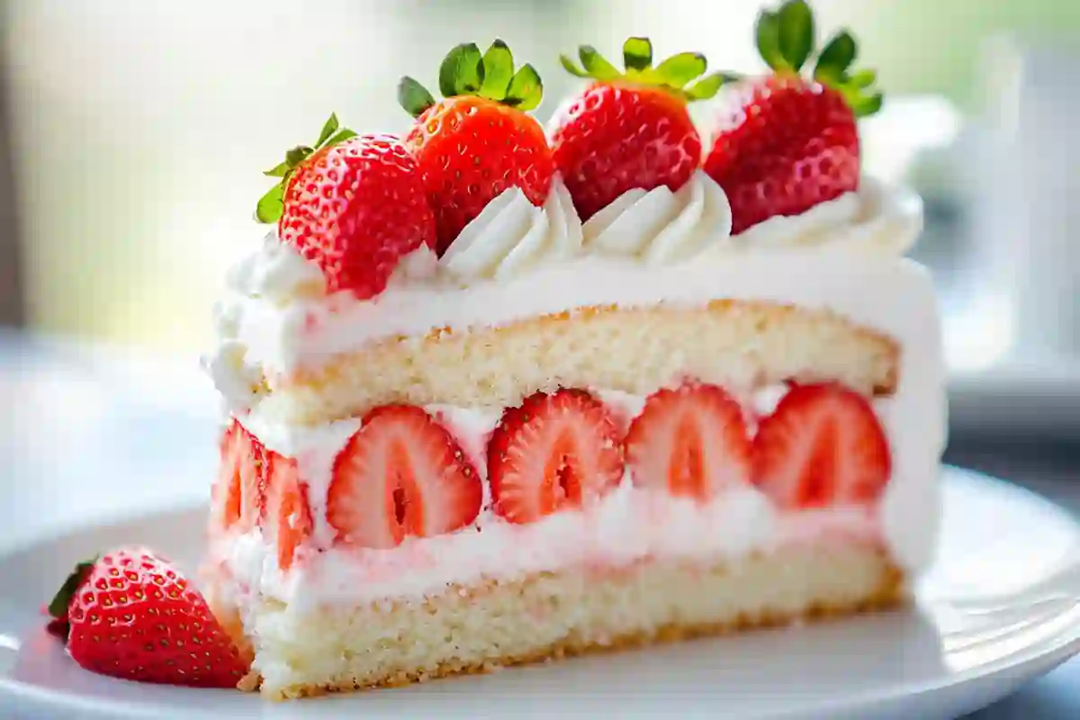 Slice of strawberry layer cake with fresh strawberries and cream.