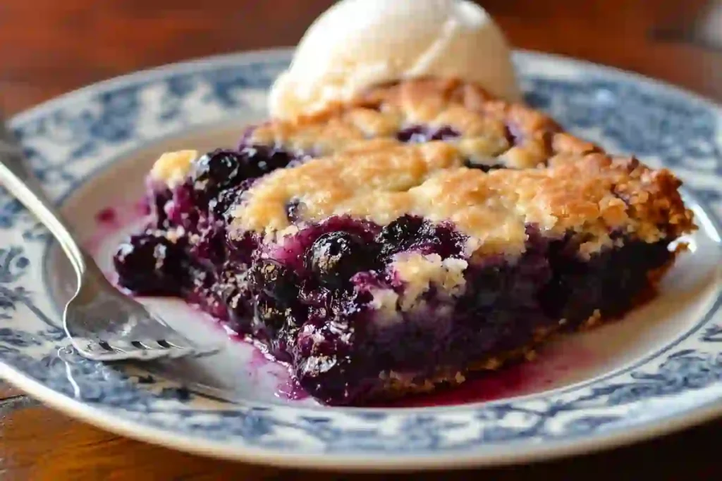 5 ingredient blueberry dump cake with golden crust and blueberries bubbling through, served warm with ice cream.