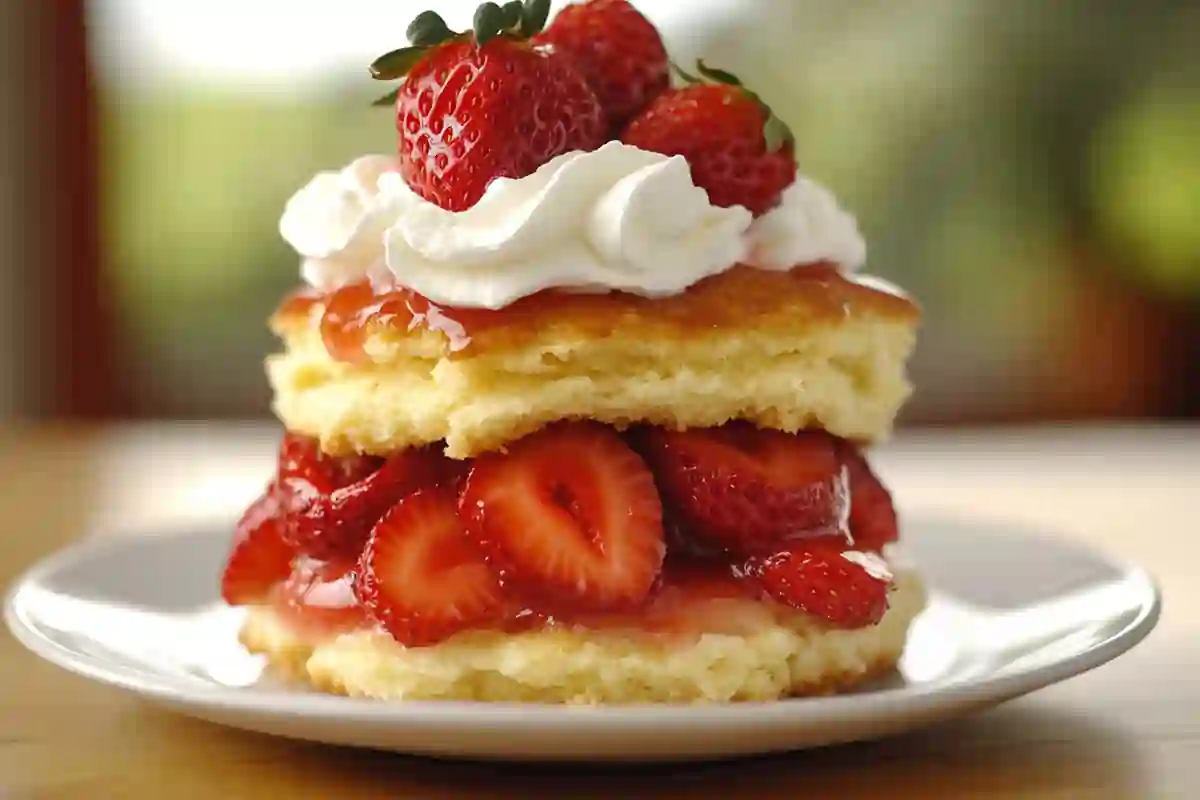 Close-up of freshly baked Bisquick strawberry shortcake with whipped cream and strawberries.