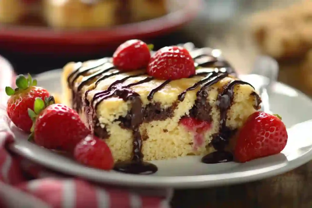 Freshly baked Bisquick chocolate cake topped with frosting.