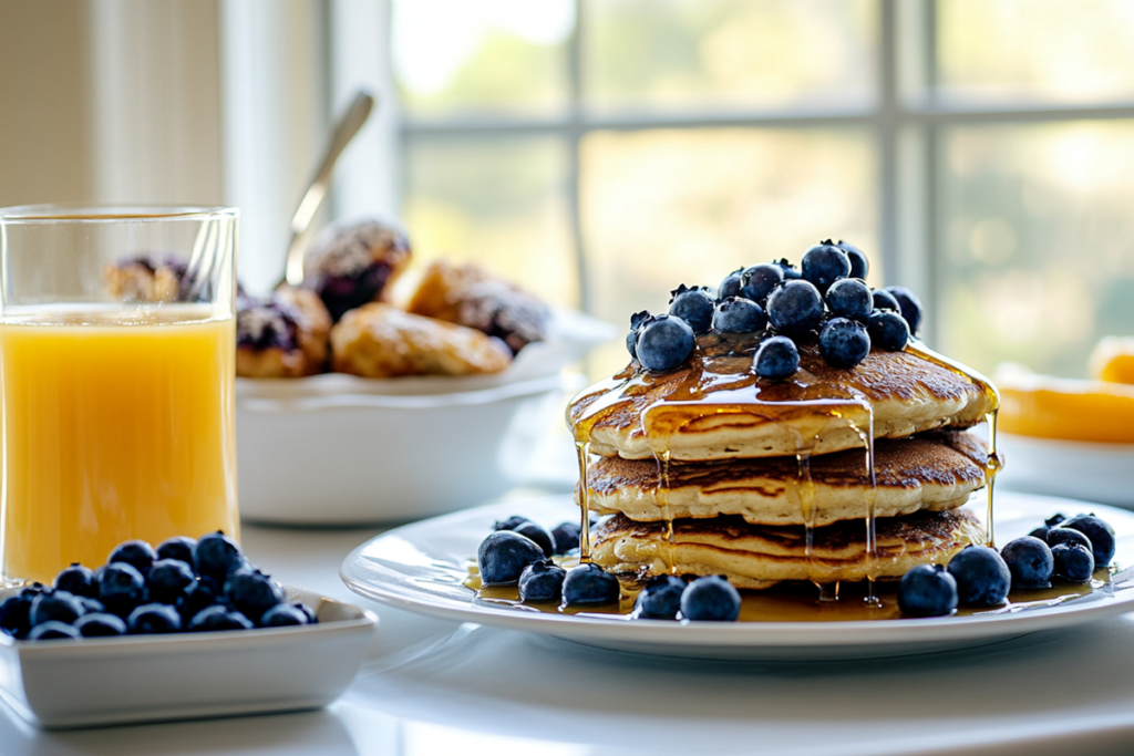 Fresh blueberry pancakes topped with blueberries and maple syrup