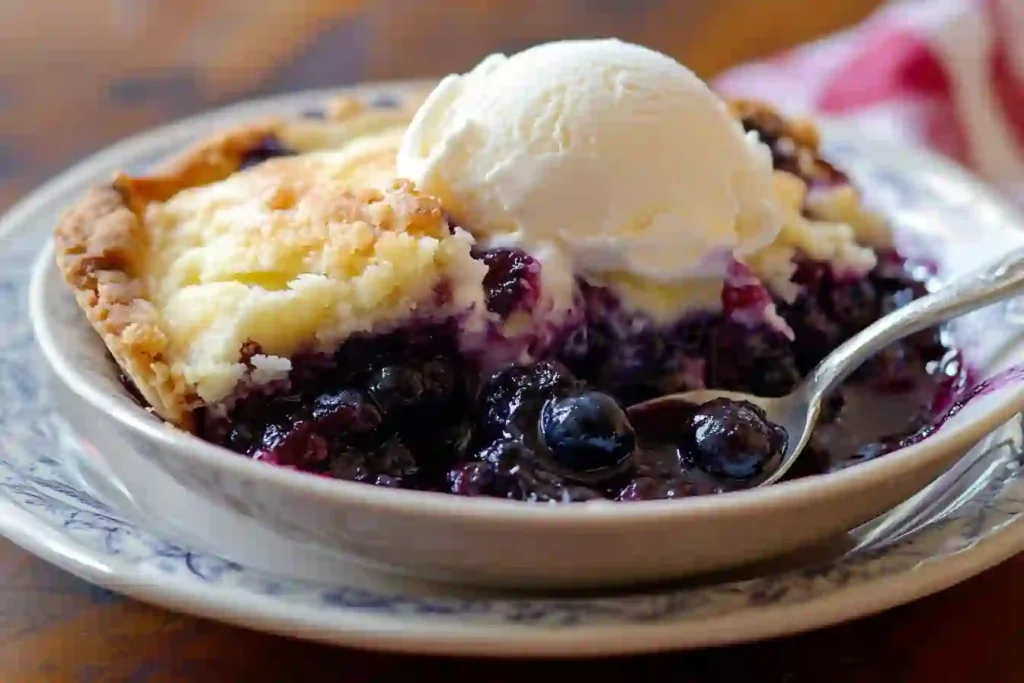 A fresh blueberry dump cake with pineapple, topped with a golden-brown crust, served warm with ice cream.