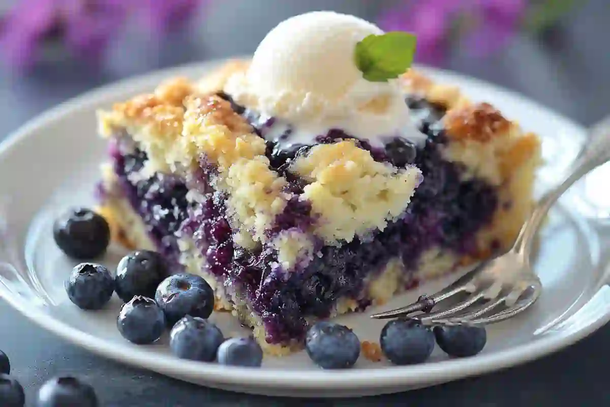 A freshly baked blueberry dump cake with a golden crust and blueberries bubbling through the edges.