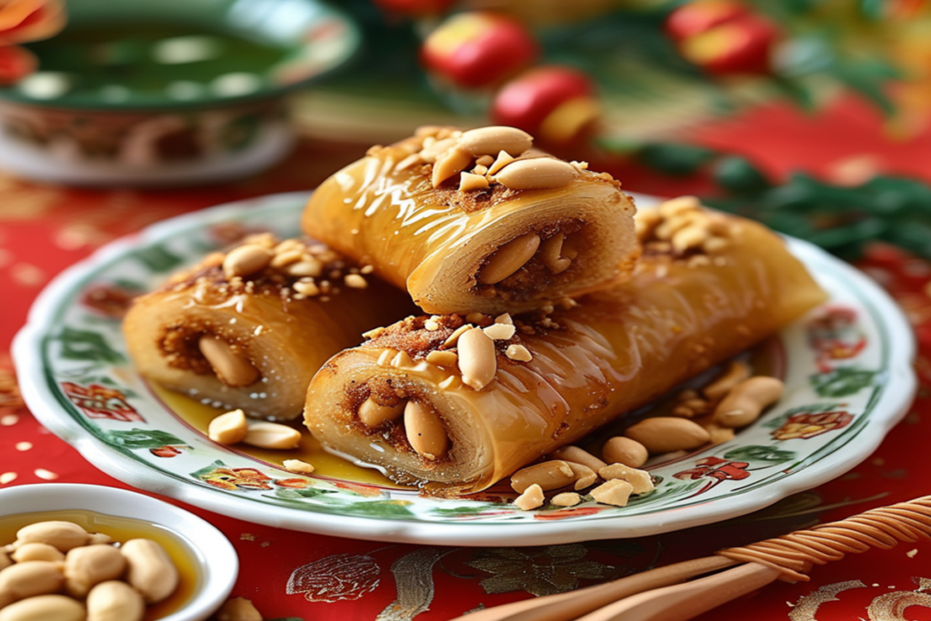 Peanut Tikoy Rolls filled with ground peanuts, served on a plate with dipping sauce