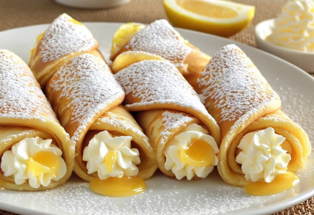 Lemon Meringue Pie Cannolis filled with cream and lemon curd, dusted with powdered sugar.