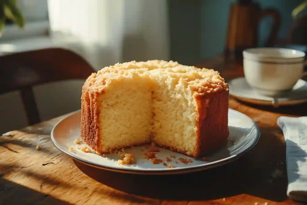 A perfectly moist pound cake with a golden crust, sliced and served on a wooden board.