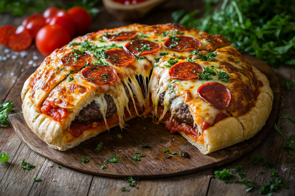 A perfectly baked Pizza Burger Pie, golden crust with melted cheese and pepperoni topping