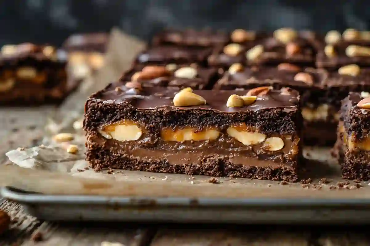 Gooey Snickers fudge brownies topped with caramel, peanuts, and rich chocolate ganache.