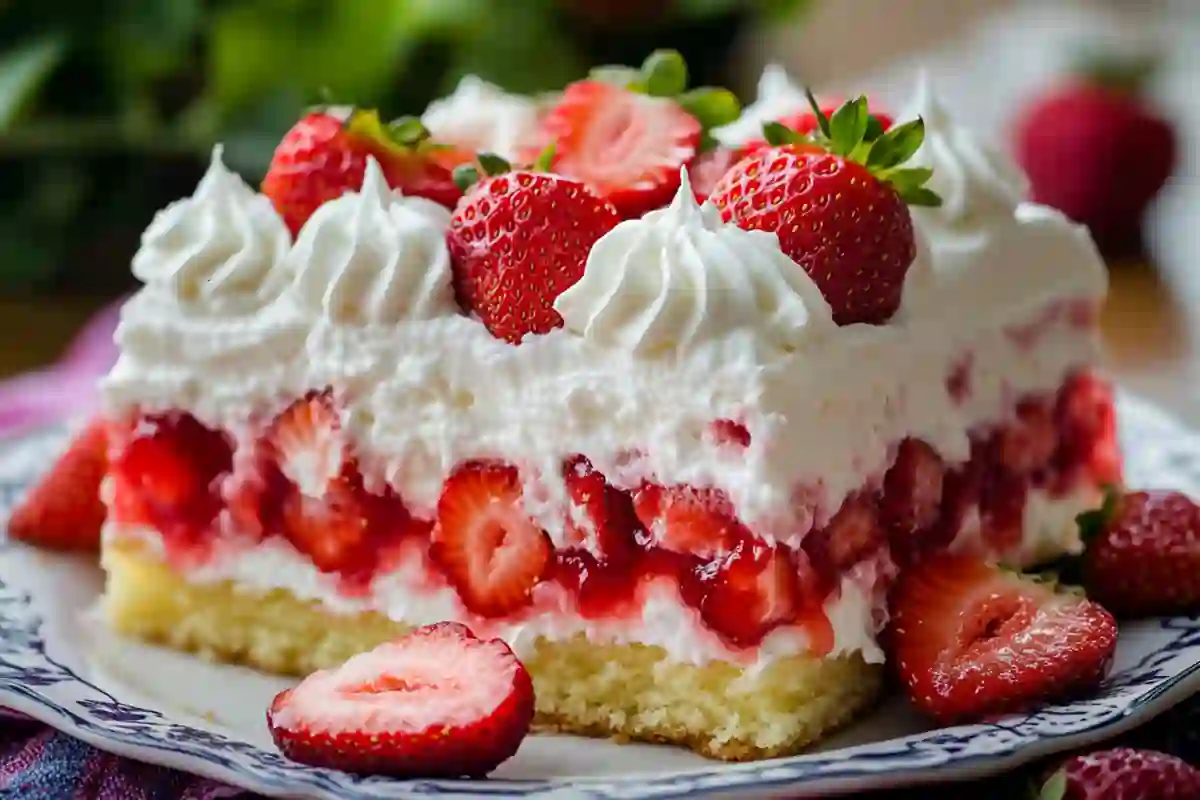 Moist strawberry poke cake topped with whipped cream and fresh strawberries.