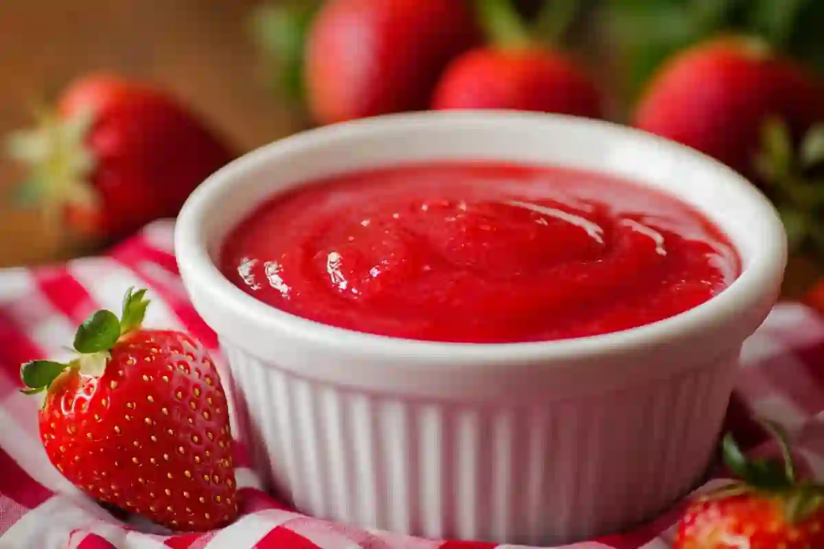 Fresh homemade strawberry puree in a white bowl with fresh strawberries around.