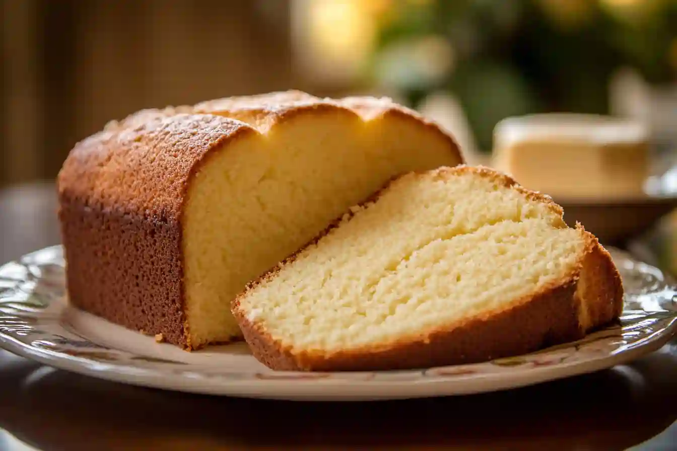 A freshly baked Vanilla Pound Cake sliced and served on a wooden board.