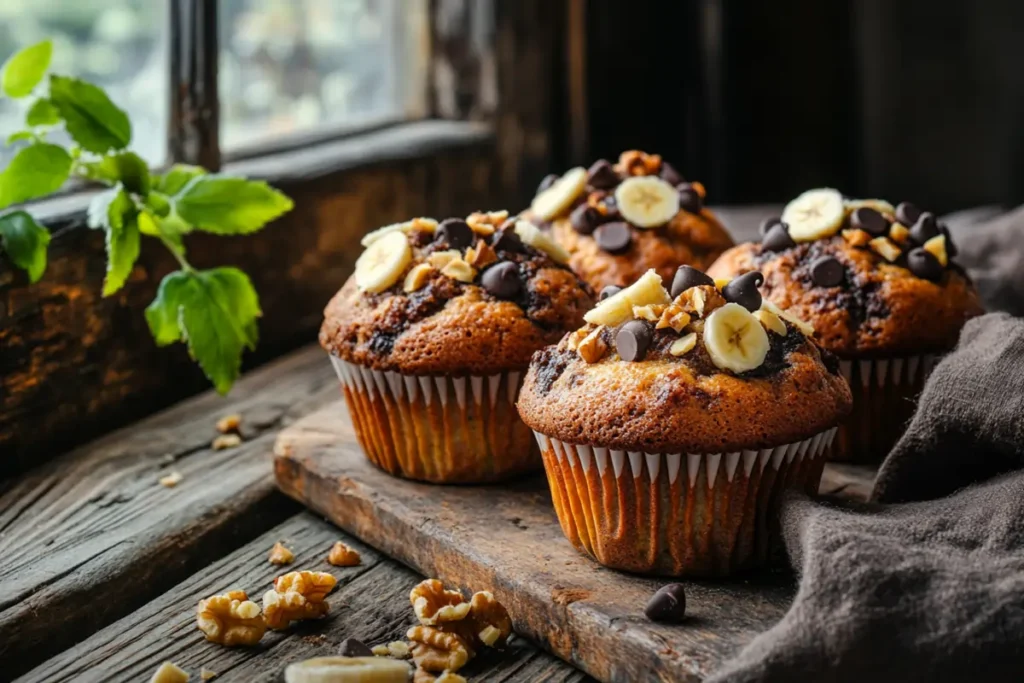 Jumbo Chunky Monkey Muffins with ripe bananas, chocolate chips, and crunchy walnuts, freshly baked.