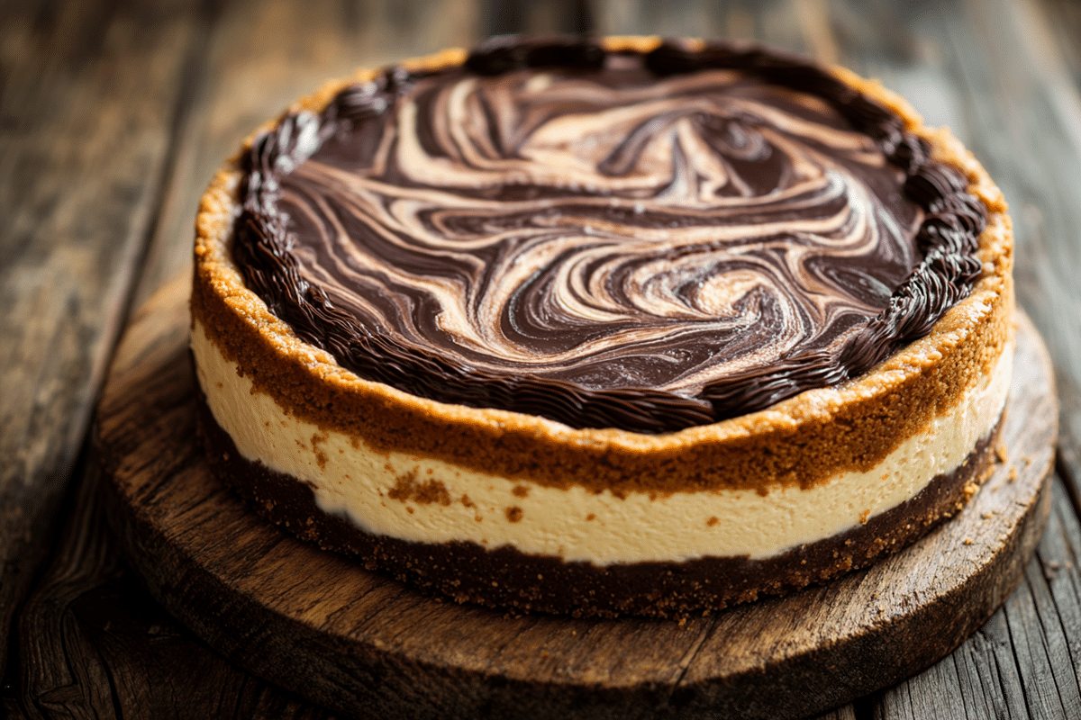 A creamy and decadent chocolate swirl cheesecake with a smooth texture and rich chocolate swirls on top.