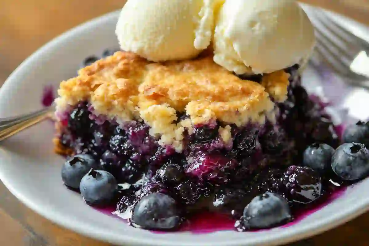 A warm, easy blueberry dump cake with golden crust and juicy blueberries, served with vanilla ice cream.