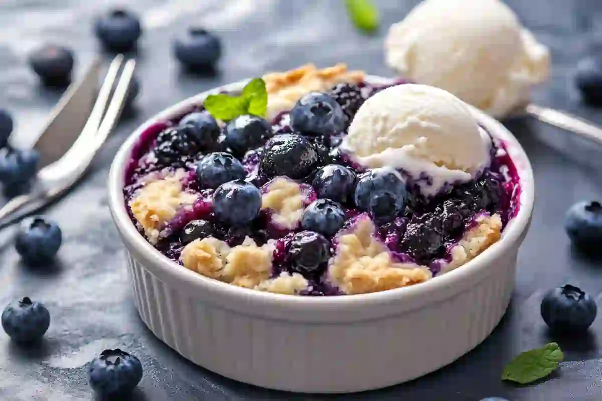 A fresh blueberry dump cake with golden crust and juicy blueberries, served warm with ice cream.