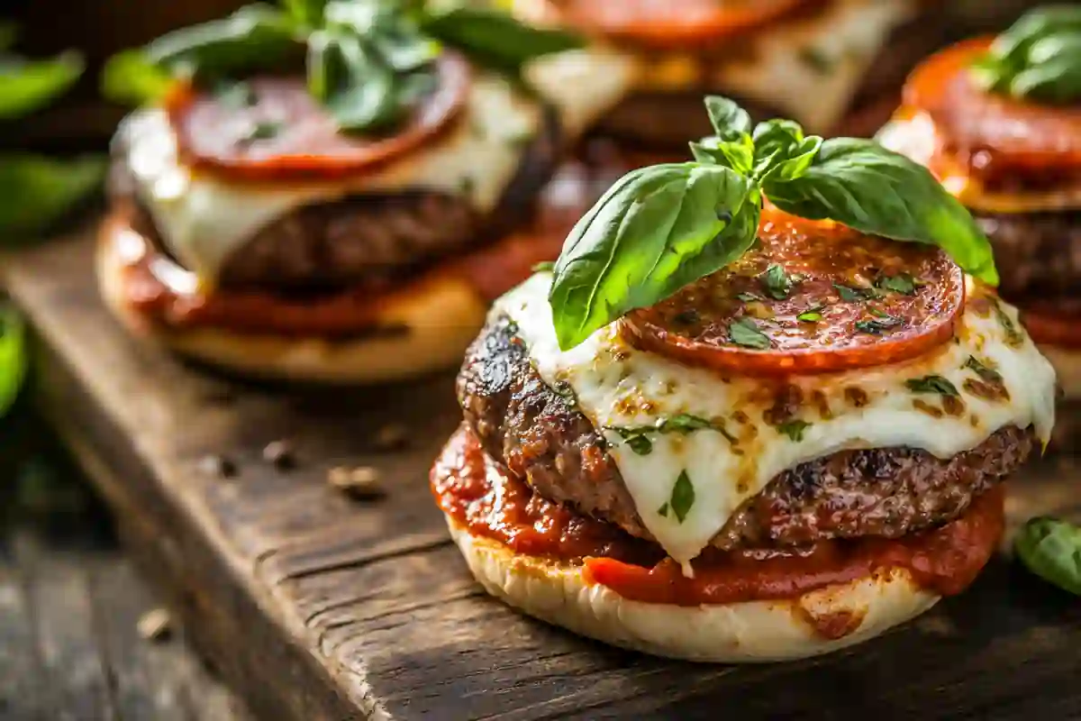 Juicy pizza burgers with melted cheese and pepperoni, topped with pizza sauce and served on toasted buns