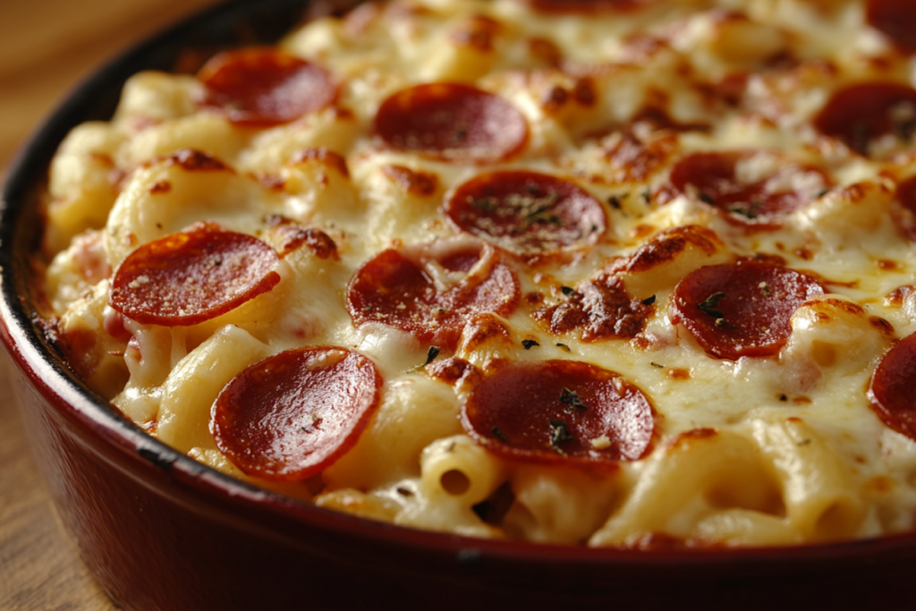 Pizza macaroni and cheese topped with melted mozzarella, pepperoni, and pizza sauce