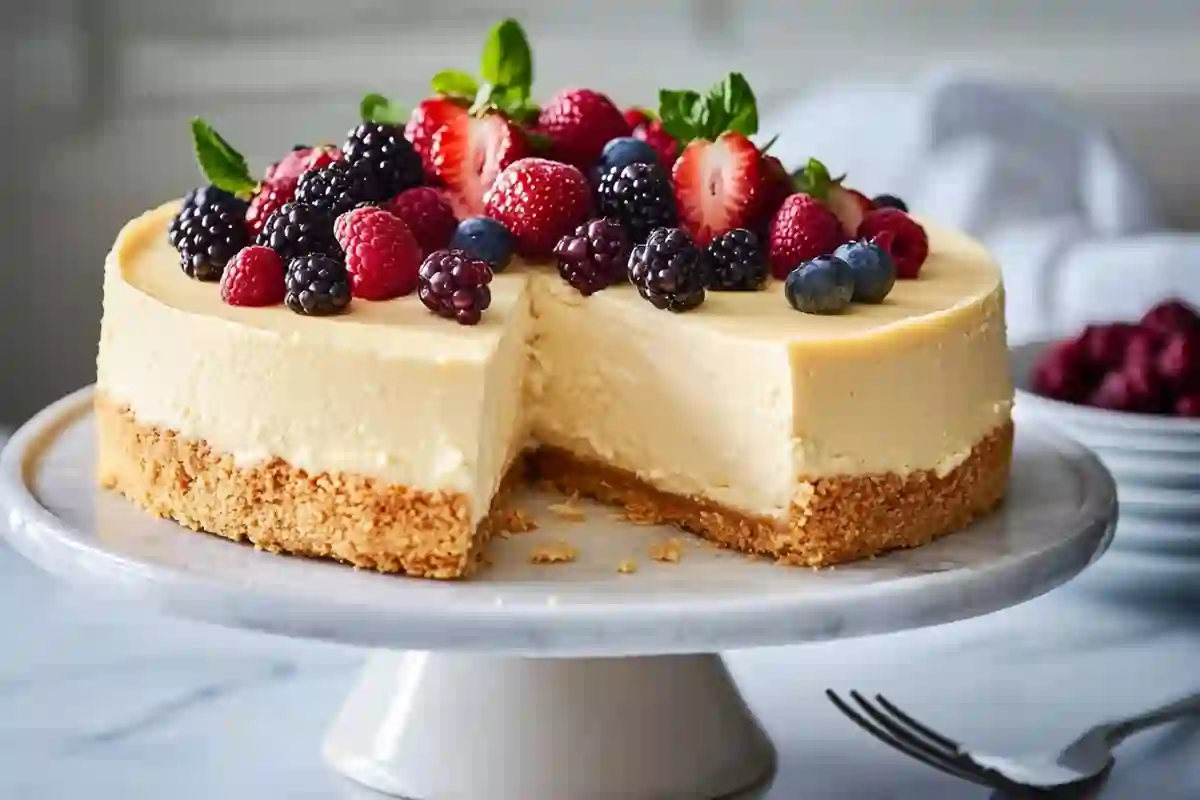 Ricotta cheesecake topped with fresh berries on a white cake stand.