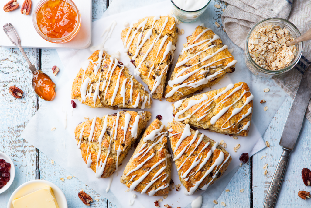 Cranberry pecan oat scones with glaze.