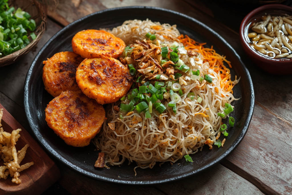 A plate of Sweet Potato Ukoy served with Palabok noodles, topped with chopped green onions and fried garlic, alongside a dipping sauce.