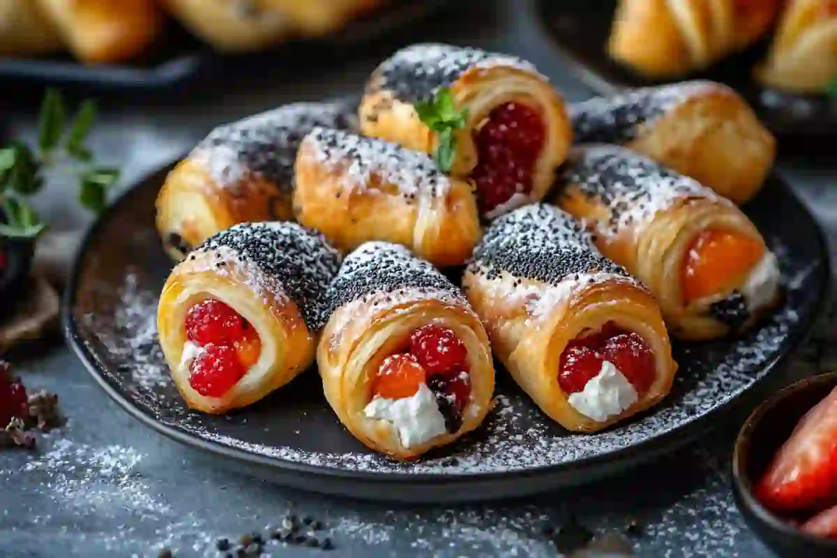 Kolache, the famous Czech dessert, filled with sweet fruit and topped with powdered sugar.