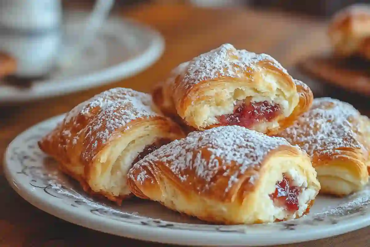 A plate of traditional Czech kolache pastries with sweet fillings and a golden crust.