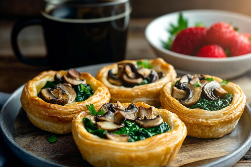 Vegan puff pastry breakfast tarts filled with spinach and mushrooms