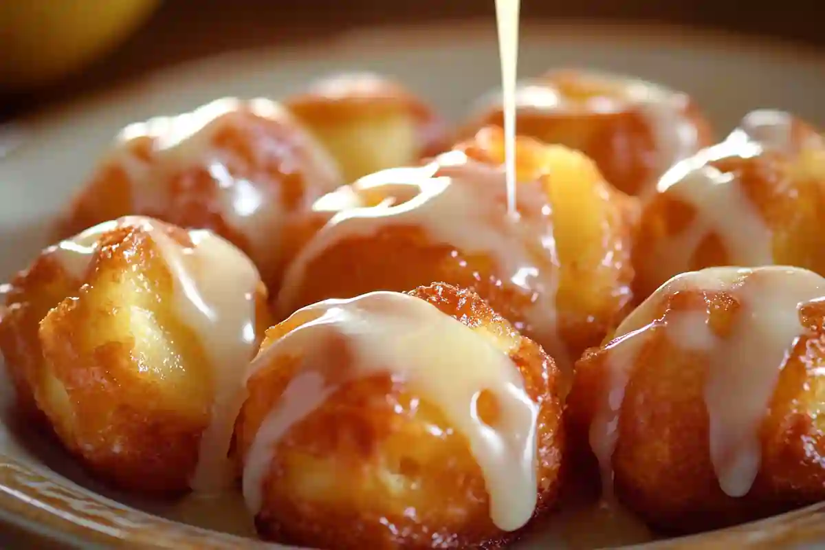 A plate of golden brown Apple Fritter Bites drizzled with sweet glaze.