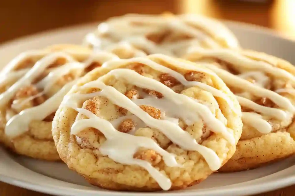 A batch of cinnamon bun cookies with swirls of cinnamon sugar and drizzled icing.