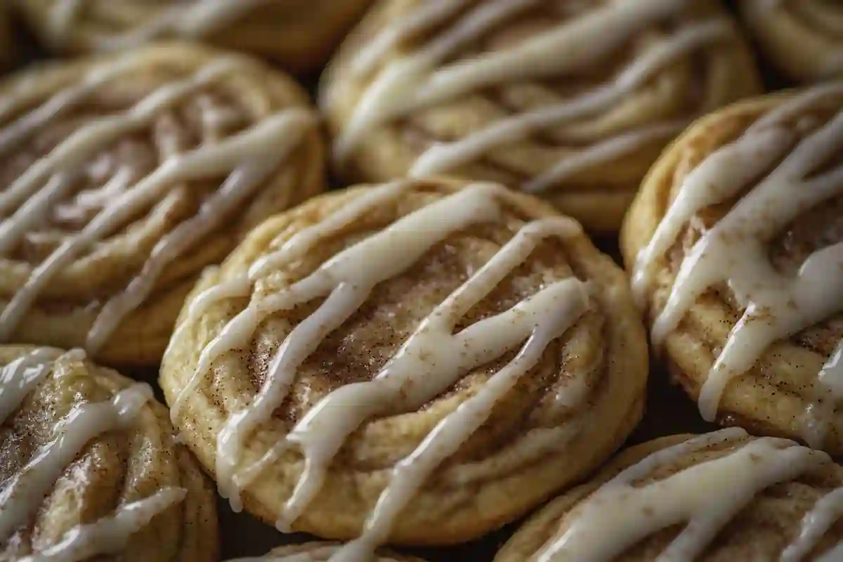 A batch of cinnamon roll cookies with swirls of cinnamon sugar and drizzled icing.