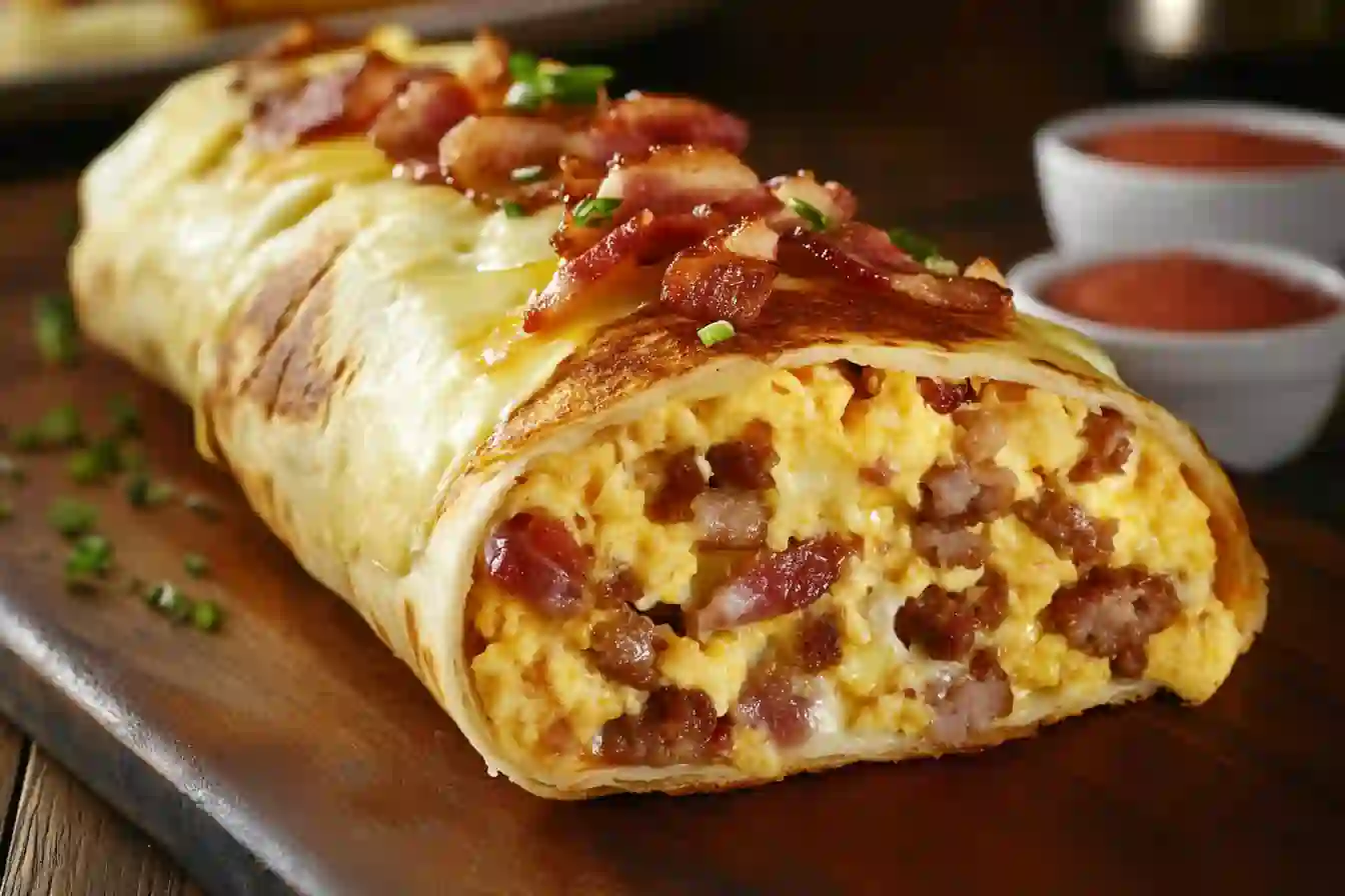 A giant breakfast wrap sliced open, revealing layers of eggs, bacon, sausage, cheese, and hash browns.