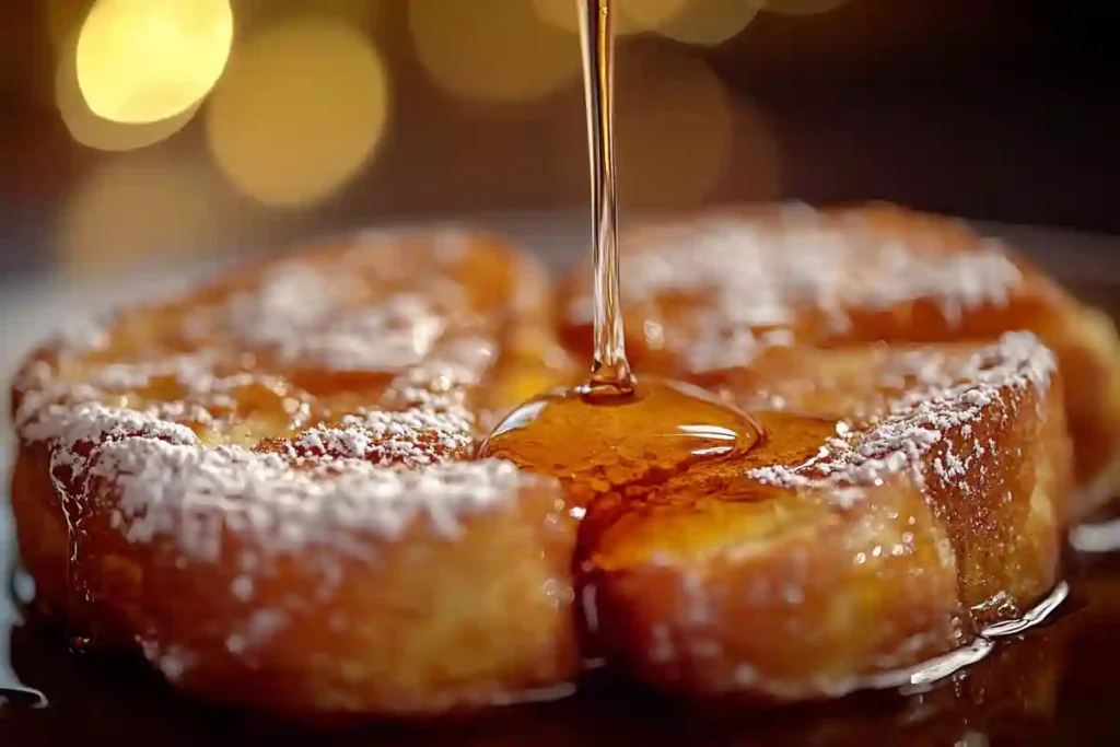 A plate of Hawaiian Roll French Toast topped with powdered sugar and maple syrup.